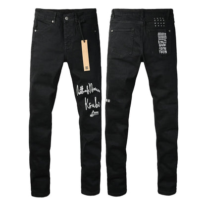 Men's Black Skinny Jeans Graphic Letter Print Slim Fit Stretch Denim Pants Casual Streetwear Trousers 3059