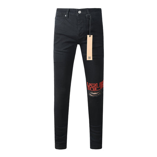 Men's Fashion Black Jeans Graphic Logo Print Skinny Fit Stretch Denim Streetwear Long Pants 3060