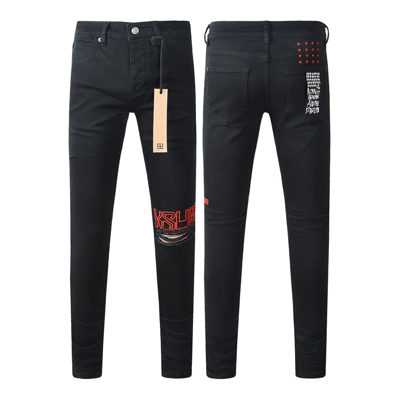 Men's Fashion Black Jeans Graphic Logo Print Skinny Fit Stretch Denim Streetwear Long Pants 3060