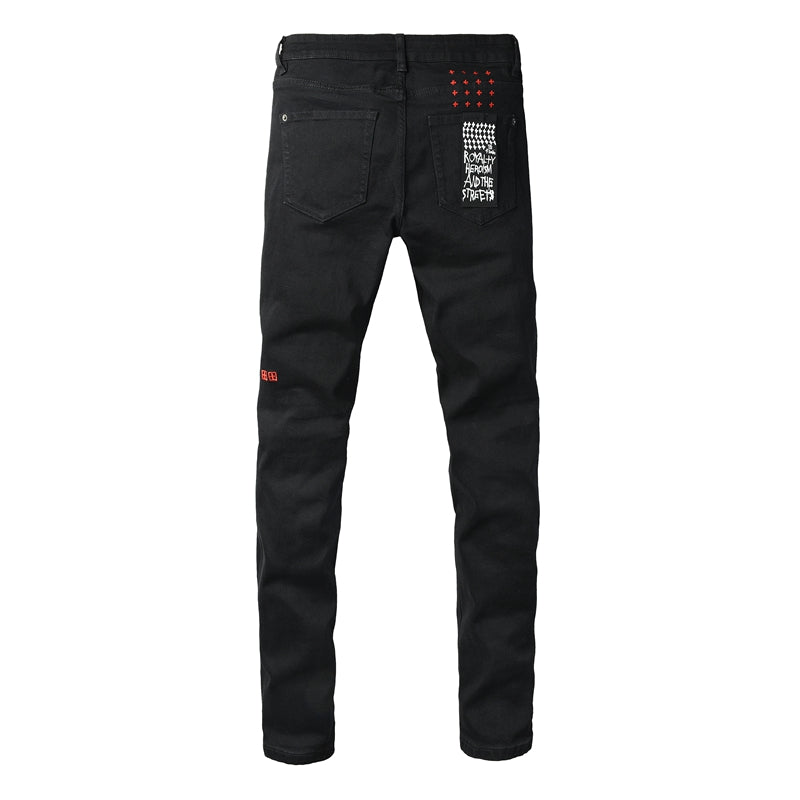 Men's Fashion Black Jeans Graphic Logo Print Skinny Fit Stretch Denim Streetwear Long Pants 3060