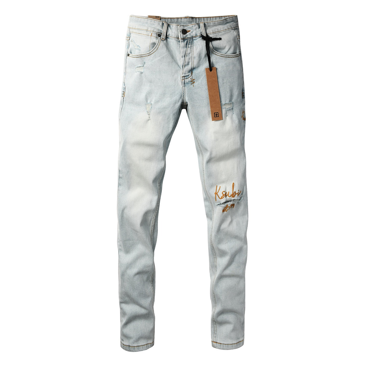 Fashion Men Ripped Denim Jeans Light Blue Slim Straight Fit Embroidery Detail Washed Vintage Casual Jeans Pants 3061
