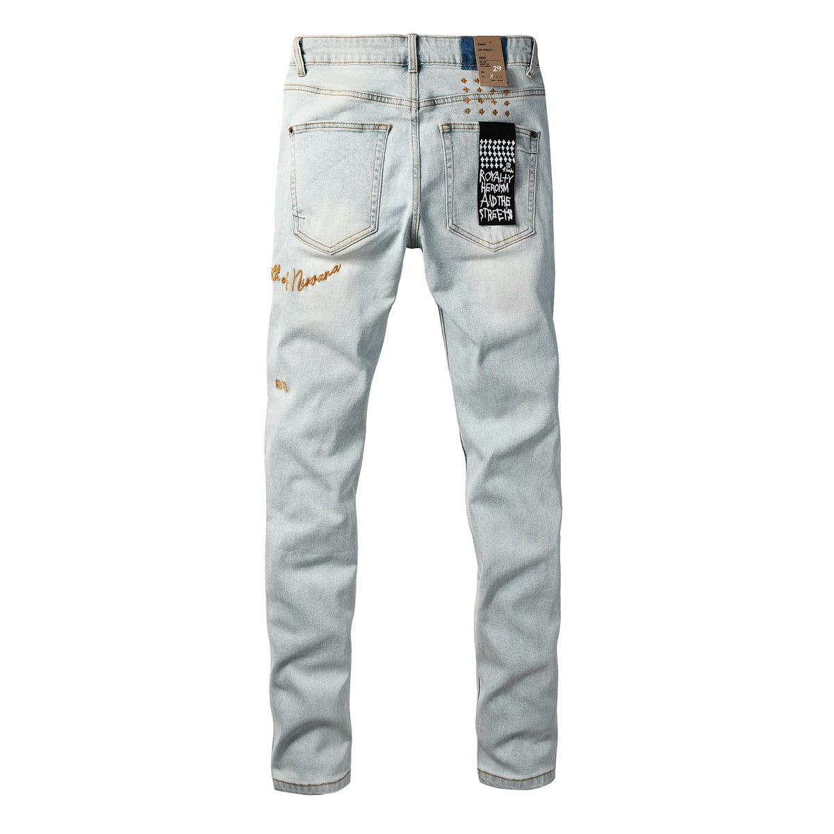 Fashion Men Ripped Denim Jeans Light Blue Slim Straight Fit Embroidery Detail Washed Vintage Casual Jeans Pants 3061