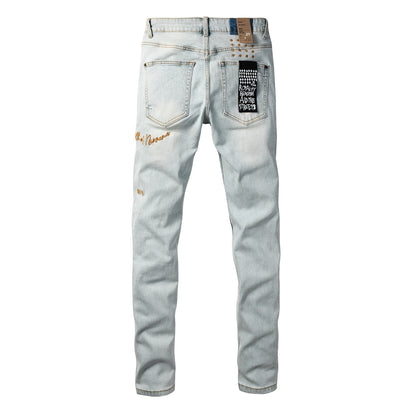 Fashion Men Ripped Denim Jeans Light Blue Slim Straight Fit Embroidery Detail Washed Vintage Casual Jeans Pants 3061