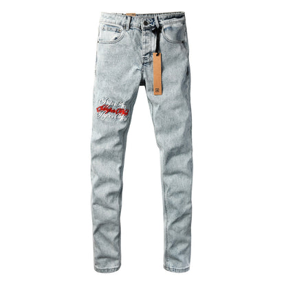 Men's Light Wash Embroidered Rose Jeans Slim Fit Denim Pants Letter Graphic Streetwear Casual Fashion Trousers 3062