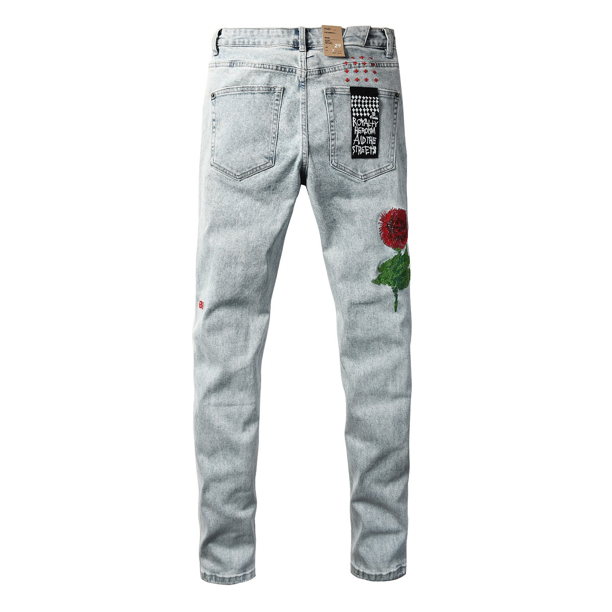 Men's Light Wash Embroidered Rose Jeans Slim Fit Denim Pants Letter Graphic Streetwear Casual Fashion Trousers 3062