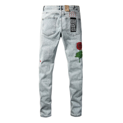 Men's Light Wash Embroidered Rose Jeans Slim Fit Denim Pants Letter Graphic Streetwear Casual Fashion Trousers 3062