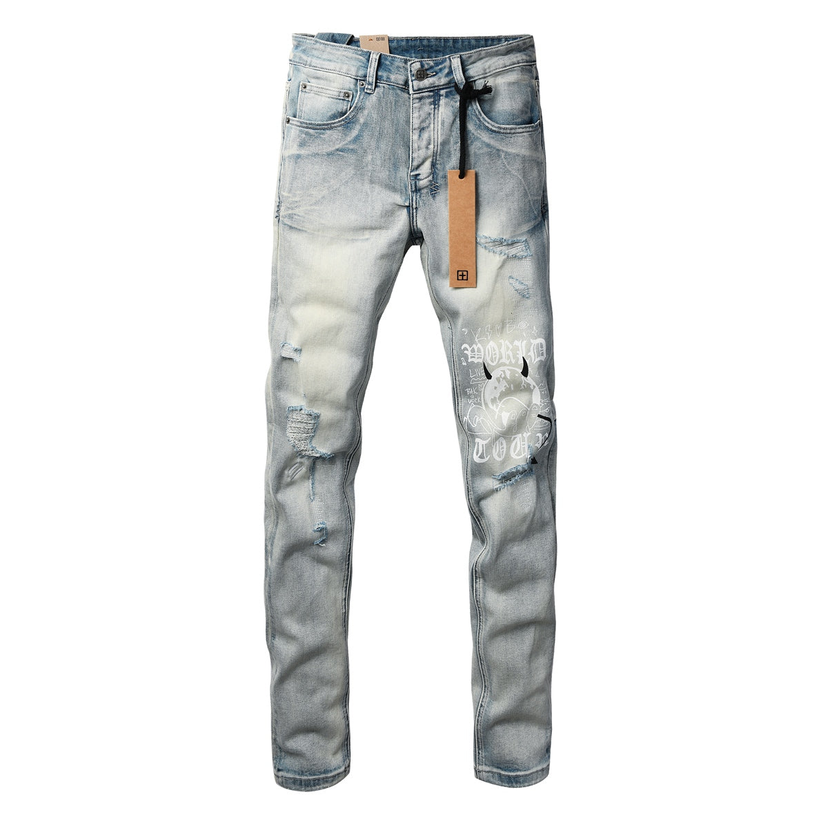 Light Blue Acid Wash Distressed Graffiti Print Slim Fit Jeans 3063
