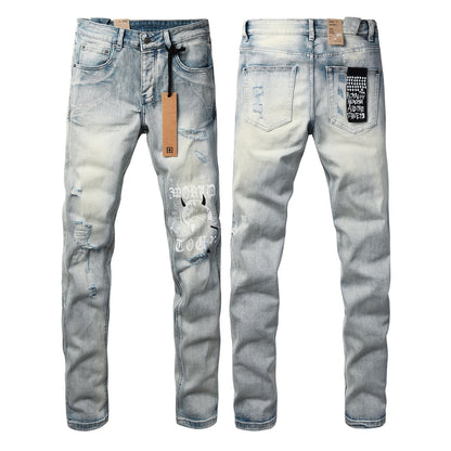 Light Blue Acid Wash Distressed Graffiti Print Slim Fit Jeans 3063