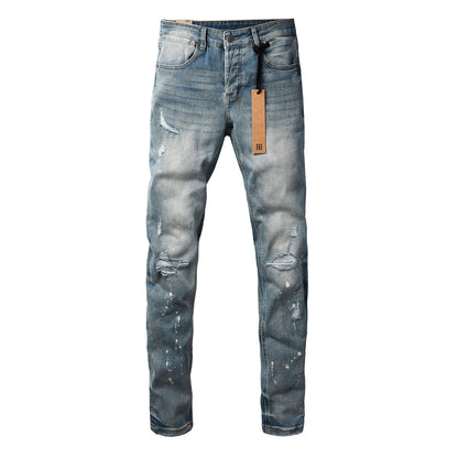 Blue Vintage Wash Cross Stitch Detail Slim Fit Denim Jeans 3064