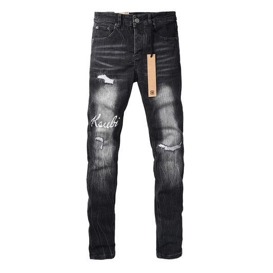 Men's Black Distressed Skinny Jeans Vintage Washed Denim Pants Ripped Slim Fit Streetwear Casual Fashion Trousers 3065
