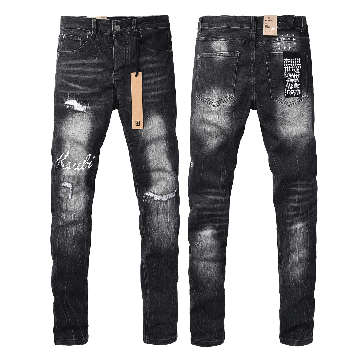 Men's Black Distressed Skinny Jeans Vintage Washed Denim Pants Ripped Slim Fit Streetwear Casual Fashion Trousers 3065