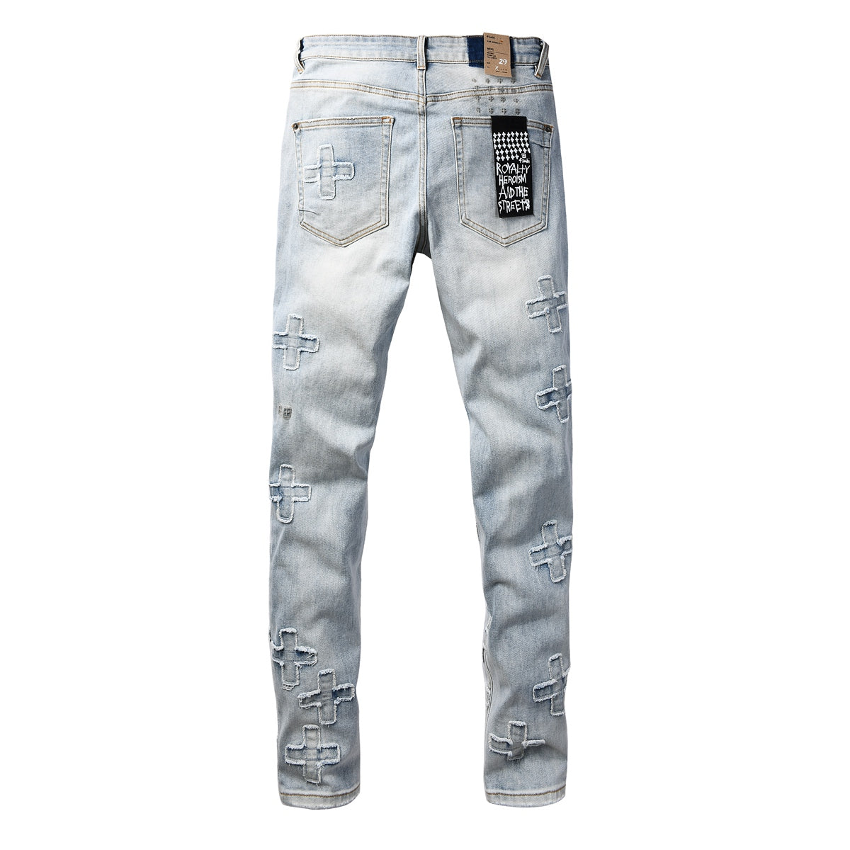 Men's Light Wash Distressed Jeans Cross Patch Denim Pants Slim Fit Streetwear Fashion 3069