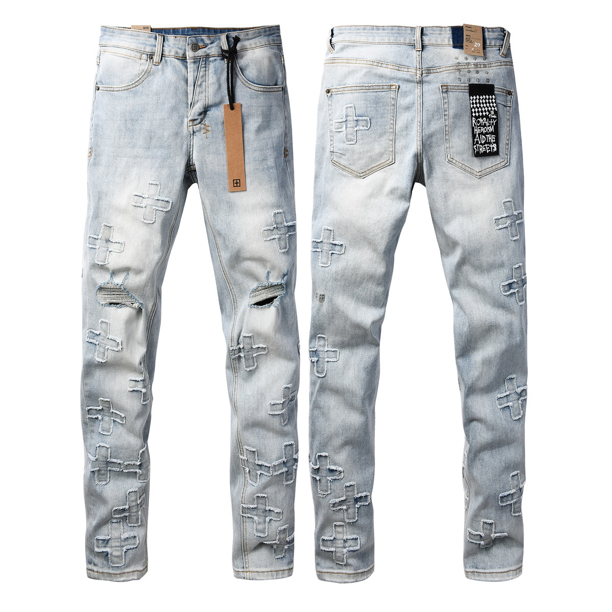 Men's Light Wash Distressed Jeans Cross Patch Denim Pants Slim Fit Streetwear Fashion 3069
