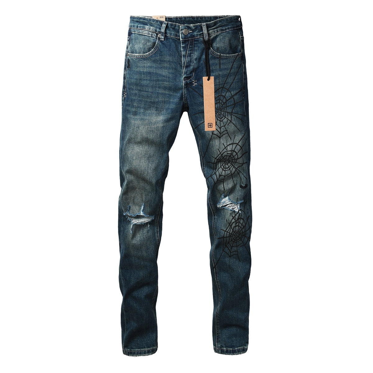 Dark Blue Distressed Spiderweb Graphic Slim Fit Denim Jeans 3070
