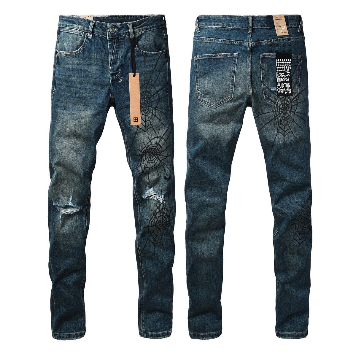 Dark Blue Distressed Spiderweb Graphic Slim Fit Denim Jeans 3070