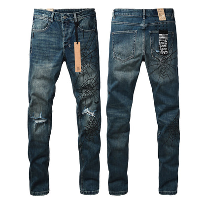 Dark Blue Distressed Spiderweb Graphic Slim Fit Denim Jeans 3070