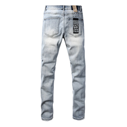 Men's Light Wash Distressed Jeans Slim Fit Denim Pants with Graphic Print Streetwear Style 3071