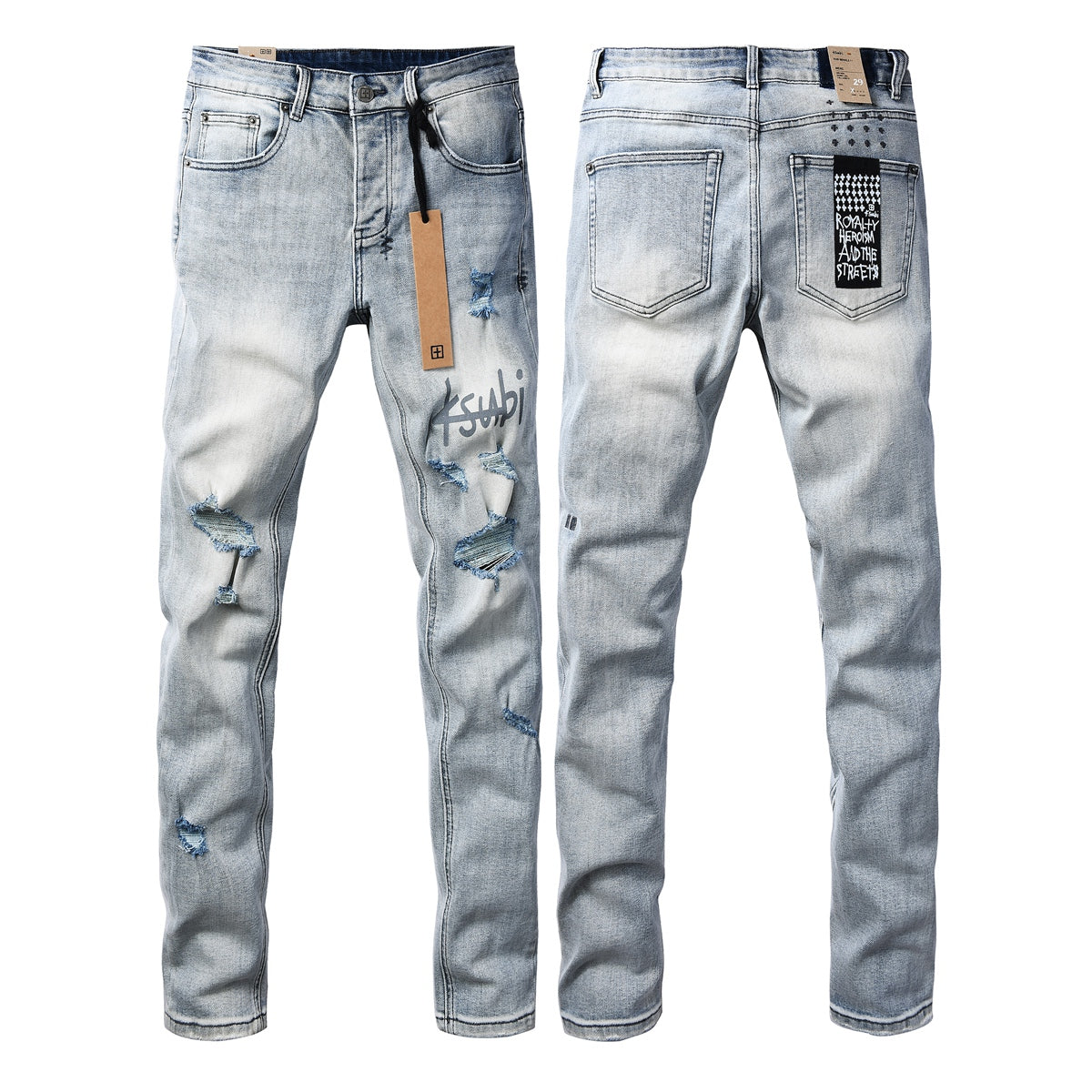 Men's Light Wash Distressed Jeans Slim Fit Denim Pants with Graphic Print Streetwear Style 3071