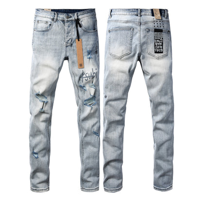 Men's Light Wash Distressed Jeans Slim Fit Denim Pants with Graphic Print Streetwear Style 3071