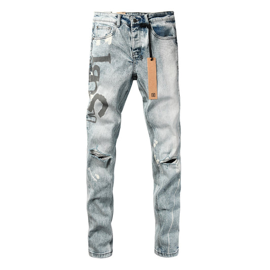 Light Blue Acid Wash Distressed Logo Graphic Slim Fit Jeans 3074