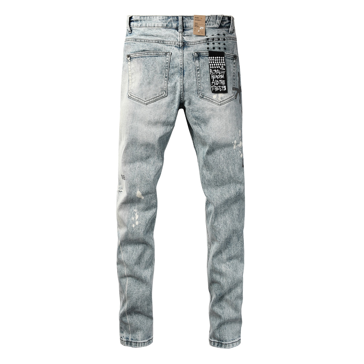 Light Blue Acid Wash Distressed Logo Graphic Slim Fit Jeans 3074