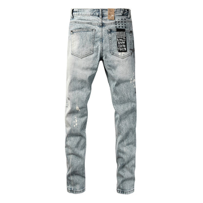 Light Blue Acid Wash Distressed Logo Graphic Slim Fit Jeans 3074