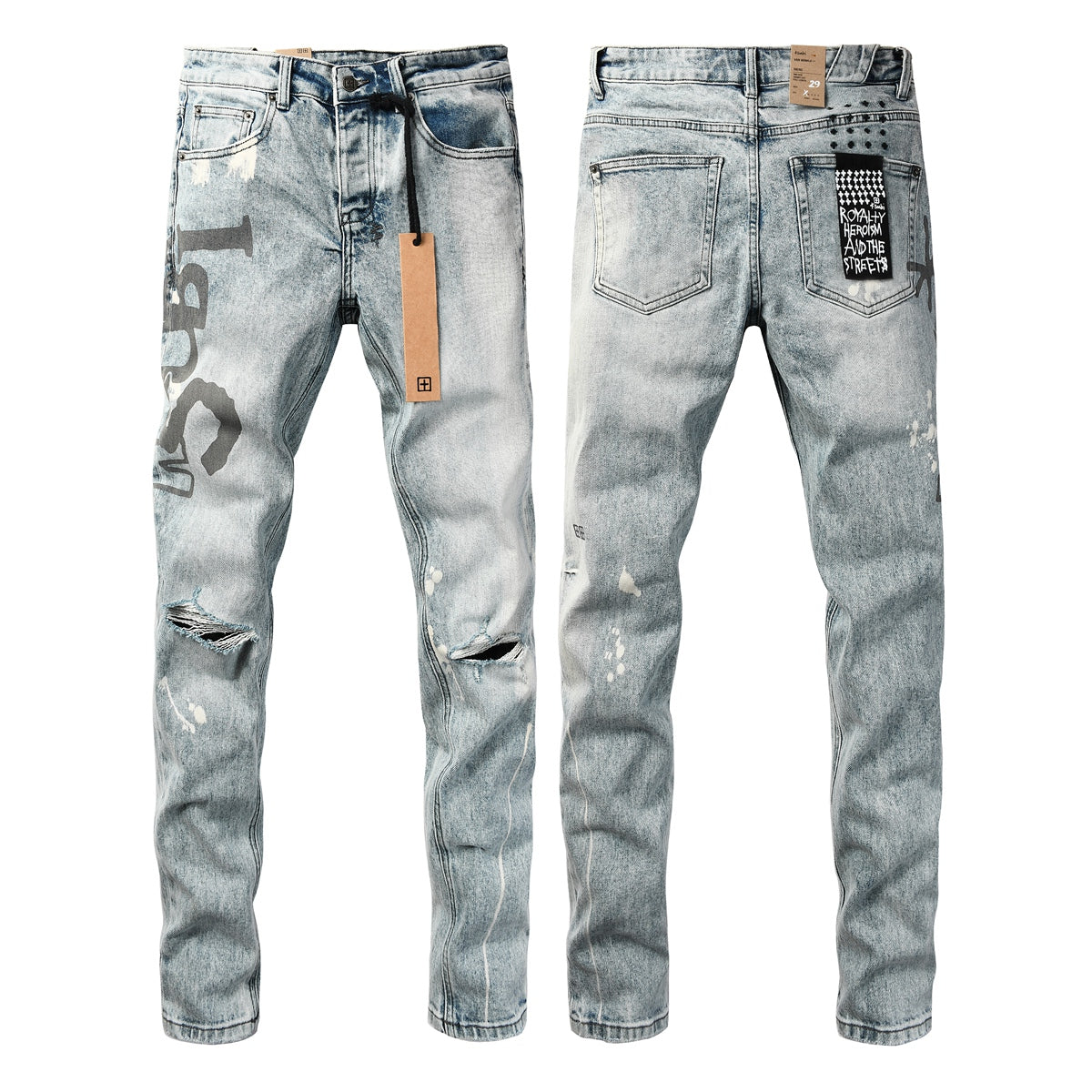 Light Blue Acid Wash Distressed Logo Graphic Slim Fit Jeans 3074