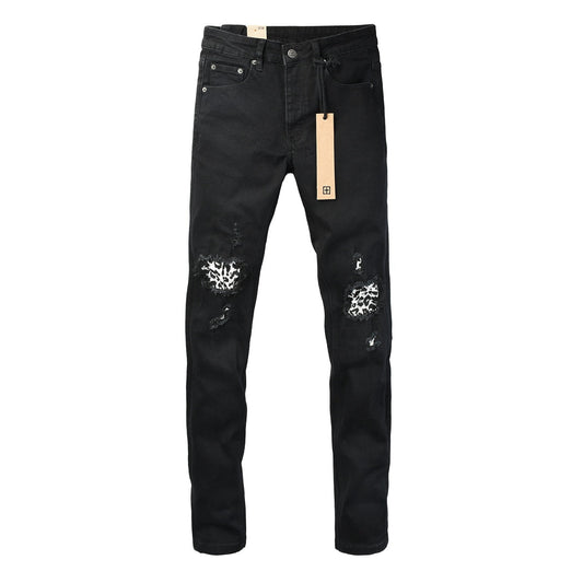 Black Distressed Leopard Print Patch Slim Fit Denim Jeans 3076