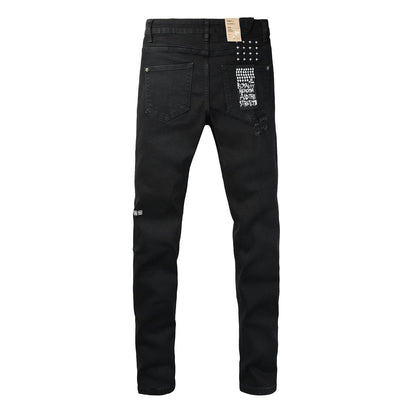 Black Distressed Leopard Print Patch Slim Fit Denim Jeans 3076