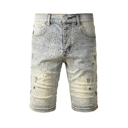 Mens Light Blue Rhinestone Denim Shorts Slim Fit Stretch Jean Shorts 5105