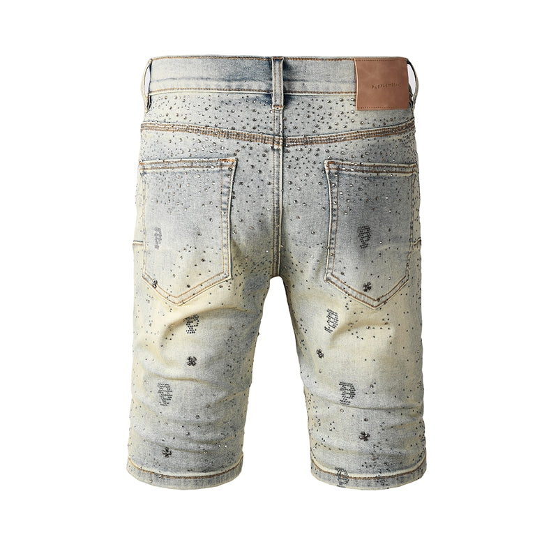 Mens Light Blue Rhinestone Denim Shorts Slim Fit Stretch Jean Shorts 5105