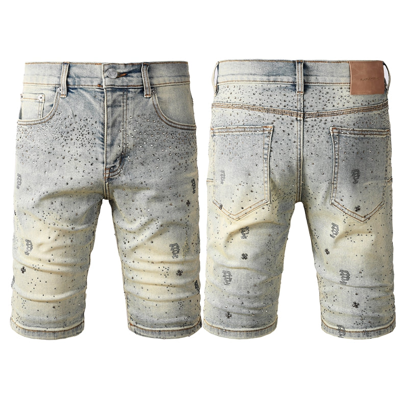 Mens Light Blue Rhinestone Denim Shorts Slim Fit Stretch Jean Shorts 5105