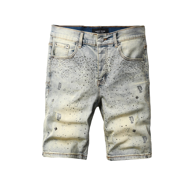 Mens Light Blue Rhinestone Denim Shorts Slim Fit Stretch Jean Shorts 5105