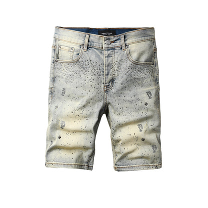 Mens Light Blue Rhinestone Denim Shorts Slim Fit Stretch Jean Shorts 5105