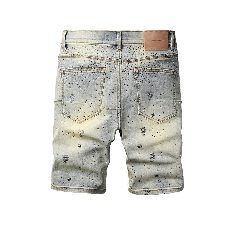 Mens Light Blue Rhinestone Denim Shorts Slim Fit Stretch Jean Shorts 5105