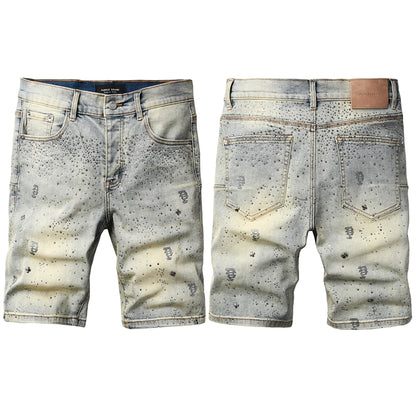 Mens Light Blue Rhinestone Denim Shorts Slim Fit Stretch Jean Shorts 5105