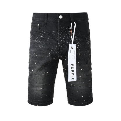 Mens Jet Black Crystal Embellished Denim Shorts Premium Slim Fit Jeans 5106