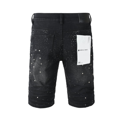 Mens Jet Black Crystal Embellished Denim Shorts Premium Slim Fit Jeans 5106