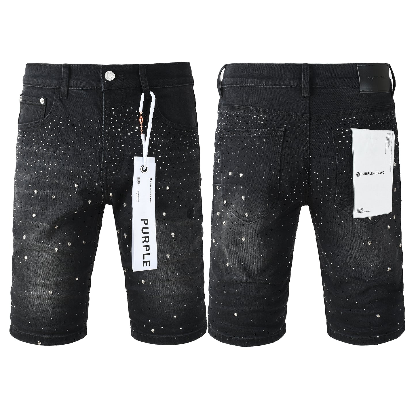 Mens Jet Black Crystal Embellished Denim Shorts Premium Slim Fit Jeans 5106