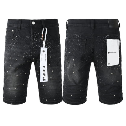 Mens Jet Black Crystal Embellished Denim Shorts Premium Slim Fit Jeans 5106