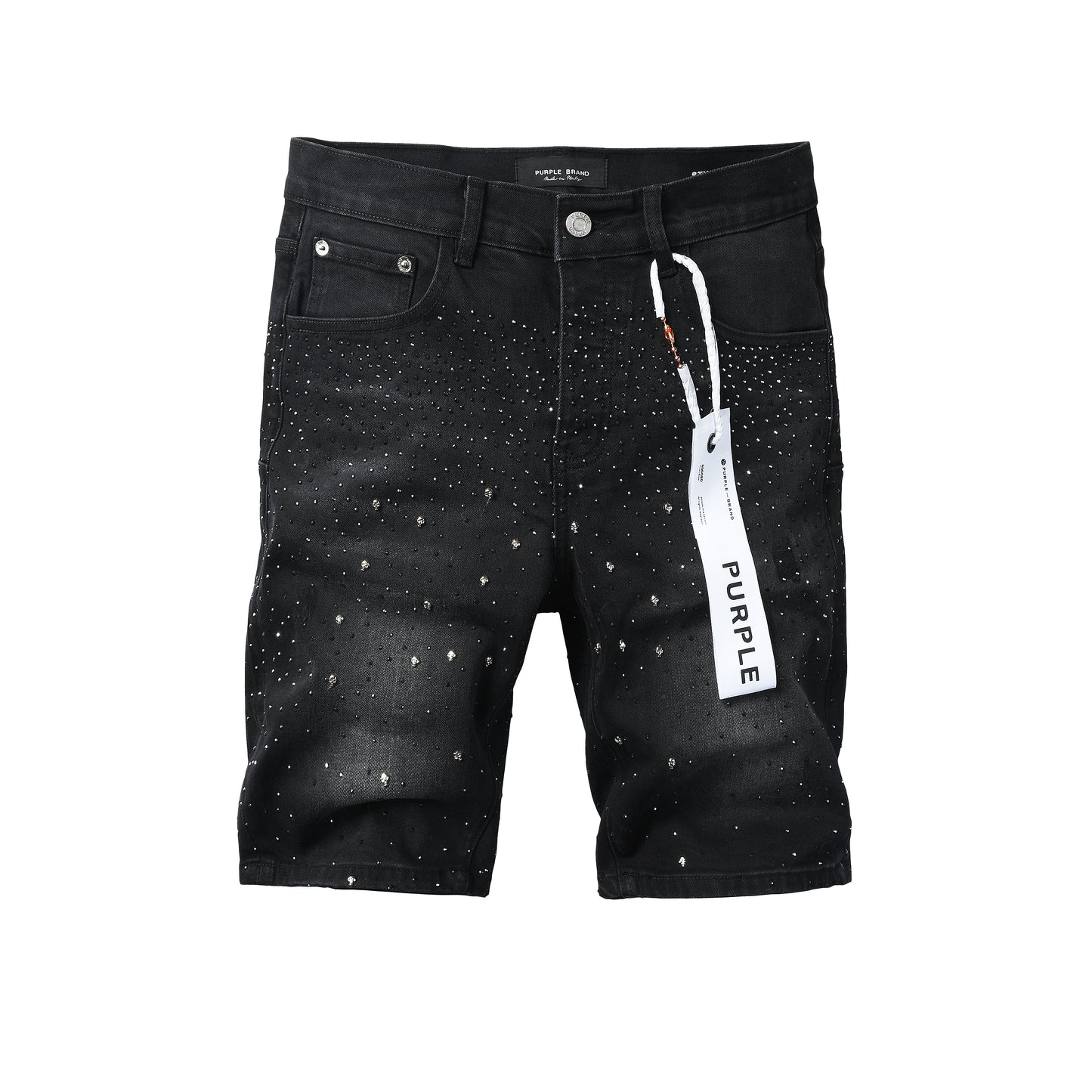 Mens Jet Black Crystal Embellished Denim Shorts Premium Slim Fit Jeans 5106