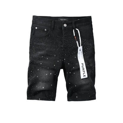 Mens Jet Black Crystal Embellished Denim Shorts Premium Slim Fit Jeans 5106