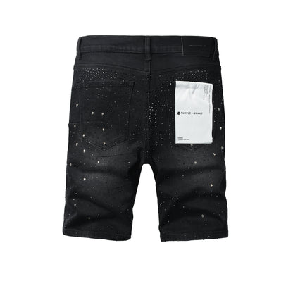 Mens Jet Black Crystal Embellished Denim Shorts Premium Slim Fit Jeans 5106