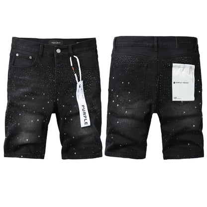Mens Jet Black Crystal Embellished Denim Shorts Premium Slim Fit Jeans 5106