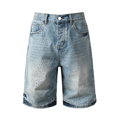Mens Light Blue Rhinestone Denim Shorts Vintage Washed Stretch Jean Shorts Casual Streetwear 5109
