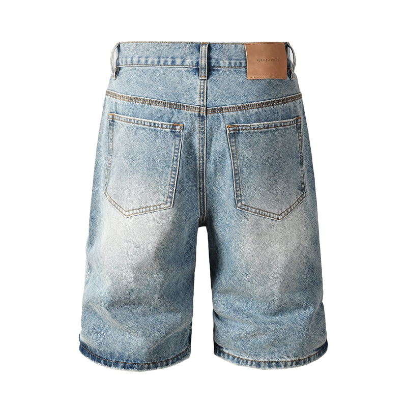 Mens Light Blue Rhinestone Denim Shorts Vintage Washed Stretch Jean Shorts Casual Streetwear 5109
