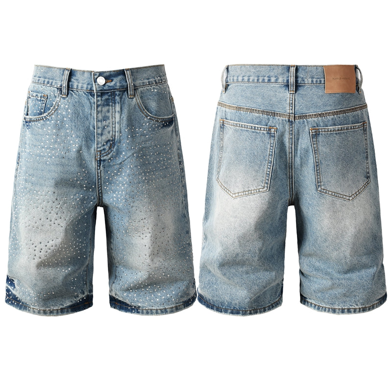 Mens Light Blue Rhinestone Denim Shorts Vintage Washed Stretch Jean Shorts Casual Streetwear 5109