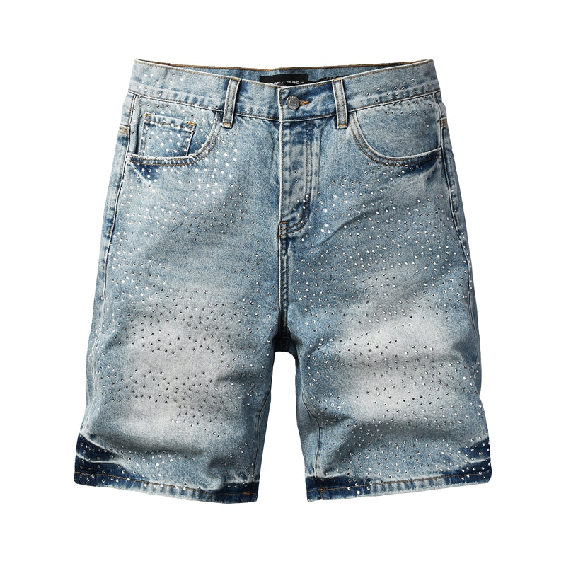 Mens Light Blue Rhinestone Denim Shorts Vintage Washed Stretch Jean Shorts Casual Streetwear 5109