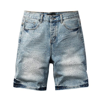 Mens Light Blue Rhinestone Denim Shorts Vintage Washed Stretch Jean Shorts Casual Streetwear 5109