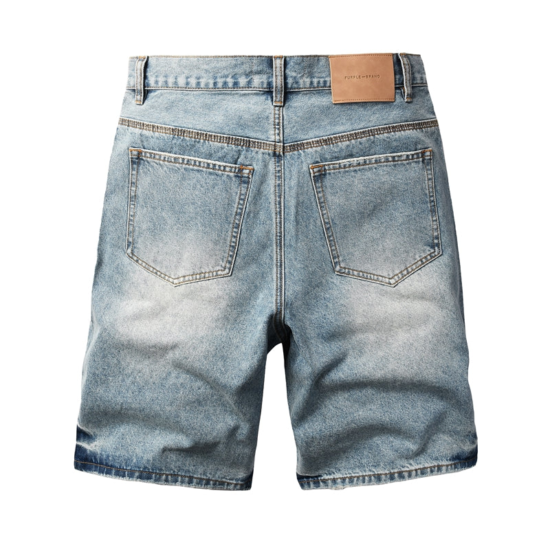 Mens Light Blue Rhinestone Denim Shorts Vintage Washed Stretch Jean Shorts Casual Streetwear 5109